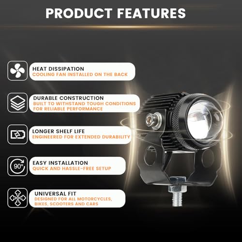 Pivalo 9V-36V DC Metal Body Fog Light with Projector Lens & Handlebar Switch, 40W LED Driving Lamp, 3000LM Temperature, Universal Spot Beam for Motorcycles, Scooters, Cars (Yellow/White,Pack of 2) - Image 3