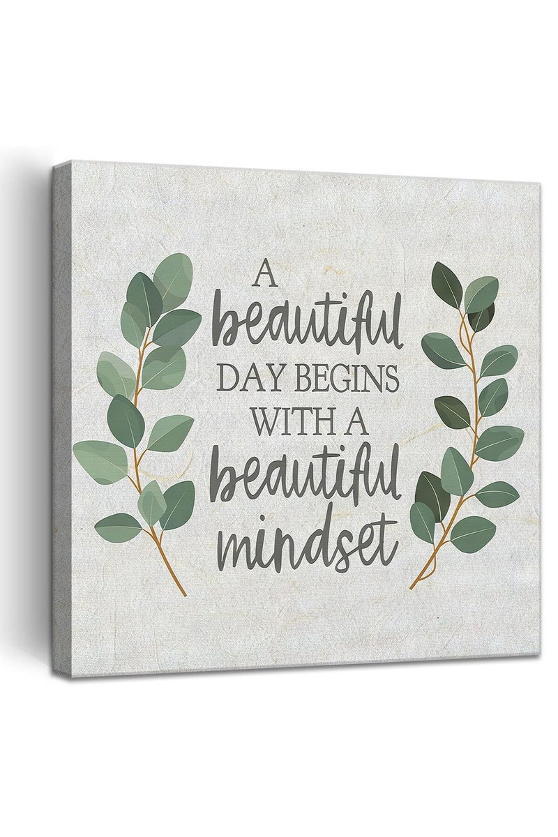 LOARTVE Framed Inspirational Wall Art Minimalist Floral Canvas Prints Positive Quotes Poster Pictures Decor Light Green Botanical Eucalyptus Leaf Painting for Office Living Room Bedroom Decoration - Image 1