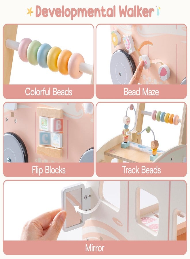 ROBUD Wooden Baby Walker, Height & Speed Adjustable Baby Push Walker with Anti-Slip Wheels, Developmental Activity Center with Ocean Vacation Theme, Wooden Walkers for Babies Learing to Walk，Pink - Image 3