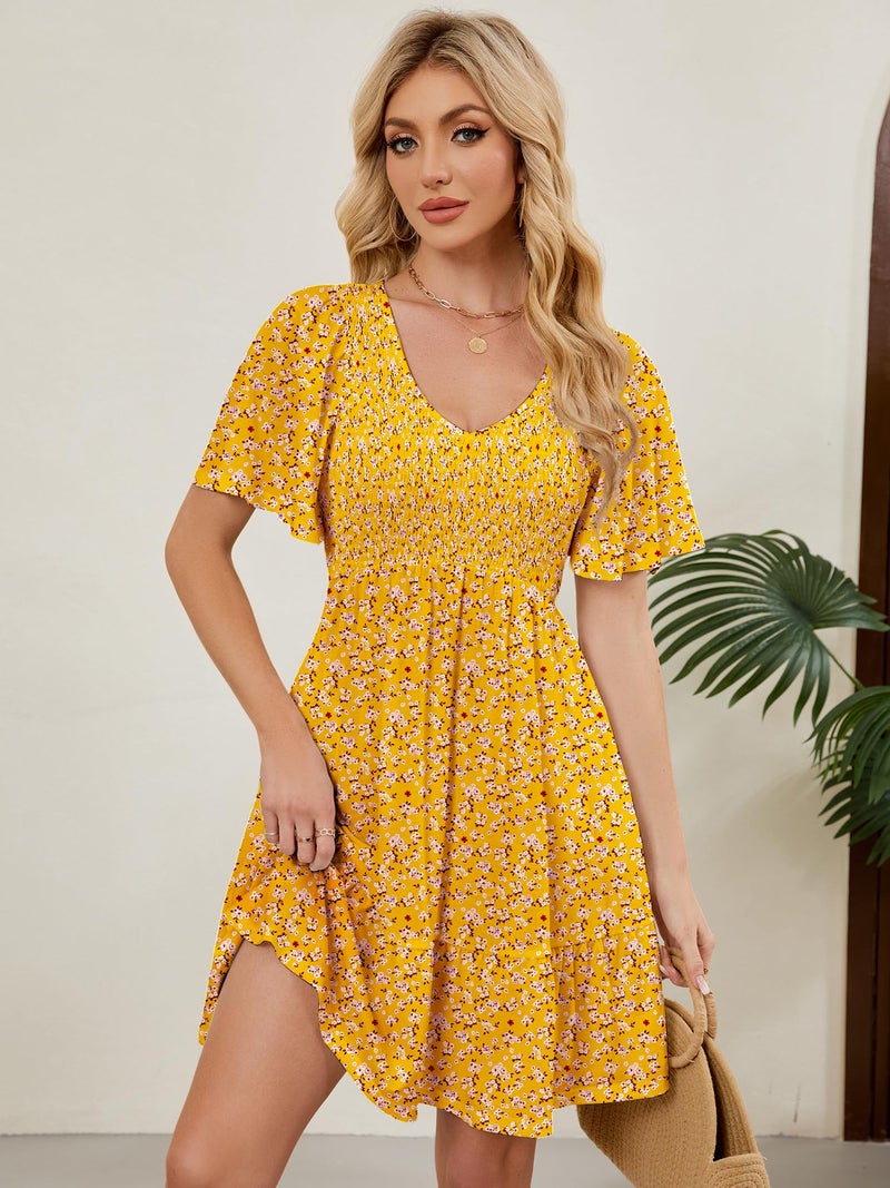 UEAL Summer Dresses for Women 2026 Smocked Spring Graduation Sun Dresses for Women Large Yellow Floral - Image 3
