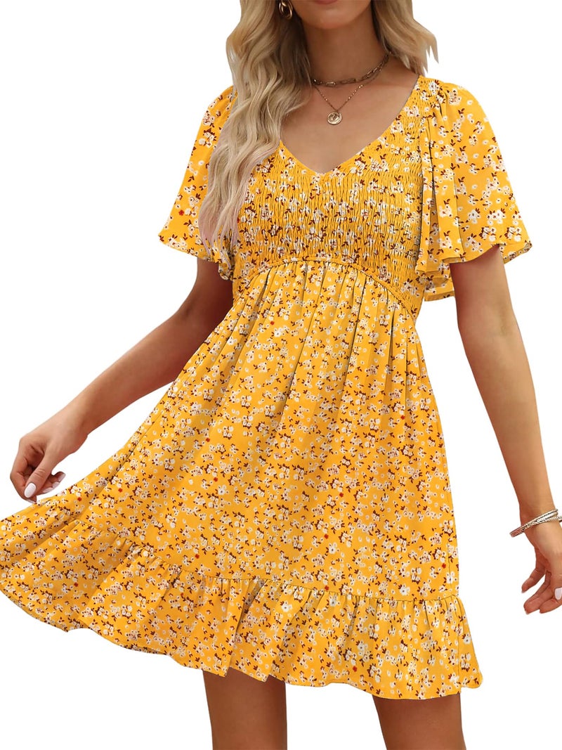 UEAL Summer Dresses for Women 2026 Smocked Spring Graduation Sun Dresses for Women Large Yellow Floral - Image 1
