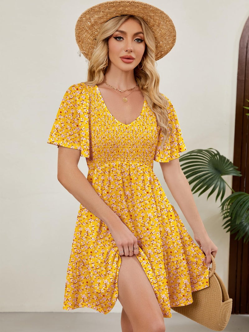UEAL Summer Dresses for Women 2026 Smocked Spring Graduation Sun Dresses for Women Large Yellow Floral - Image 4