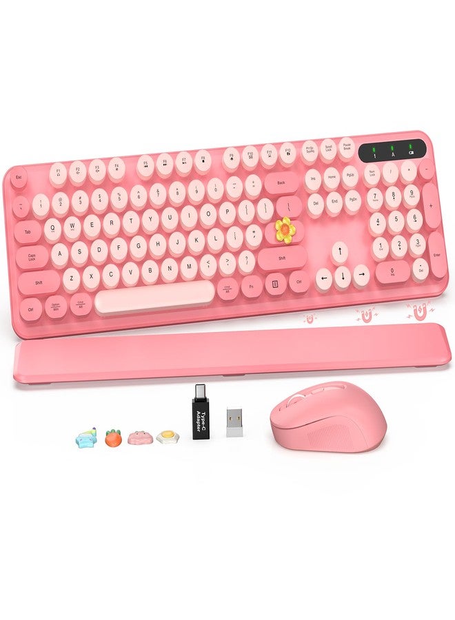 SABLUTE Wireless Keyboard and Mouse Combo, Retro Keyboard with Round Keycaps, Full-Size Typewriter Style Keyboard with Detachable Wrist Rest, 2.4GHz Only Cordless Connection for Windows/PC/Laptop (Baby Pink) - Image 1