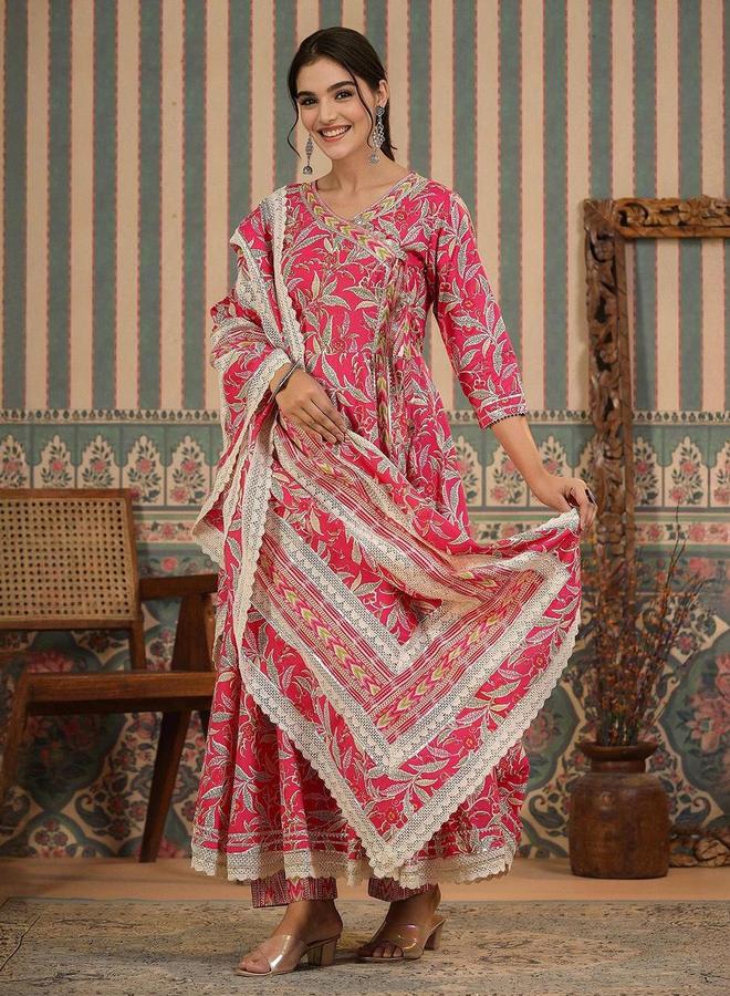 آي شين طقم كورتا وبنطال مع شال مزين بنقشة زهور بلون وردي - Image 4