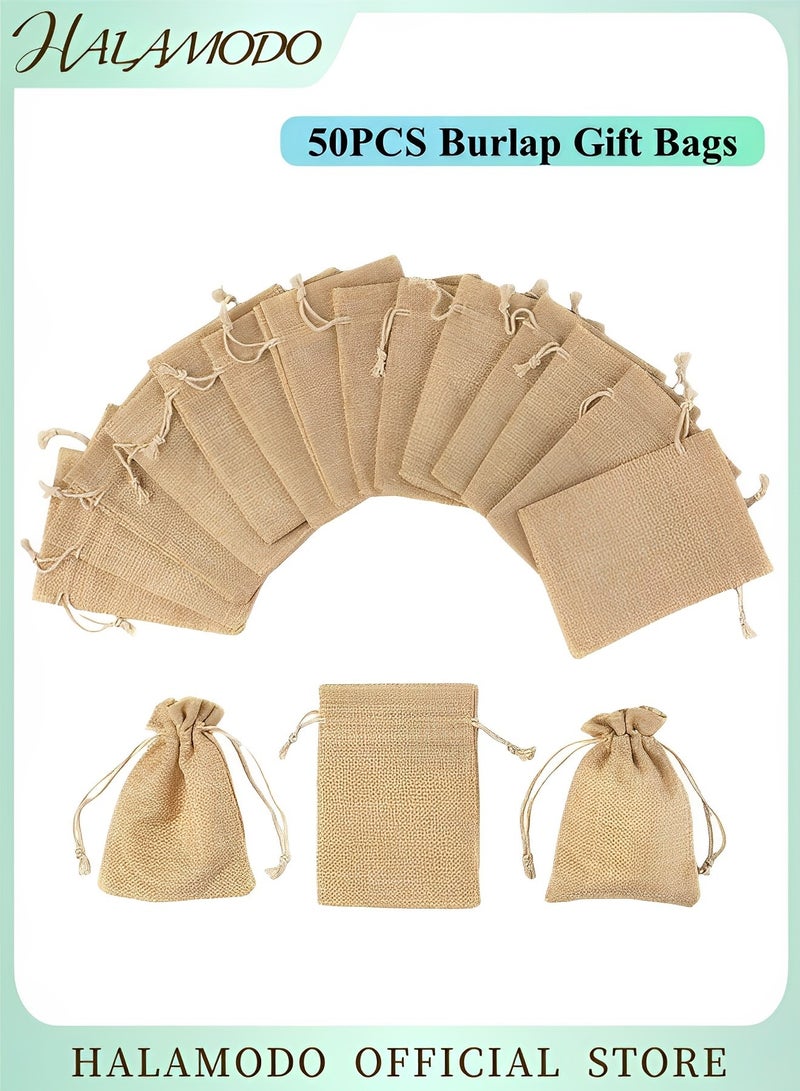 50 قطعة أكياس هدايا من الخيش مع رباط أكياس كتان قابلة لإعادة التدوير أكياس تغليف هدايا صغيرة لحفلات الزفاف والهدايا التذكارية والحفلات والحرف اليدوية اليدوية، 4 × 5.5 بوصة - Image 1