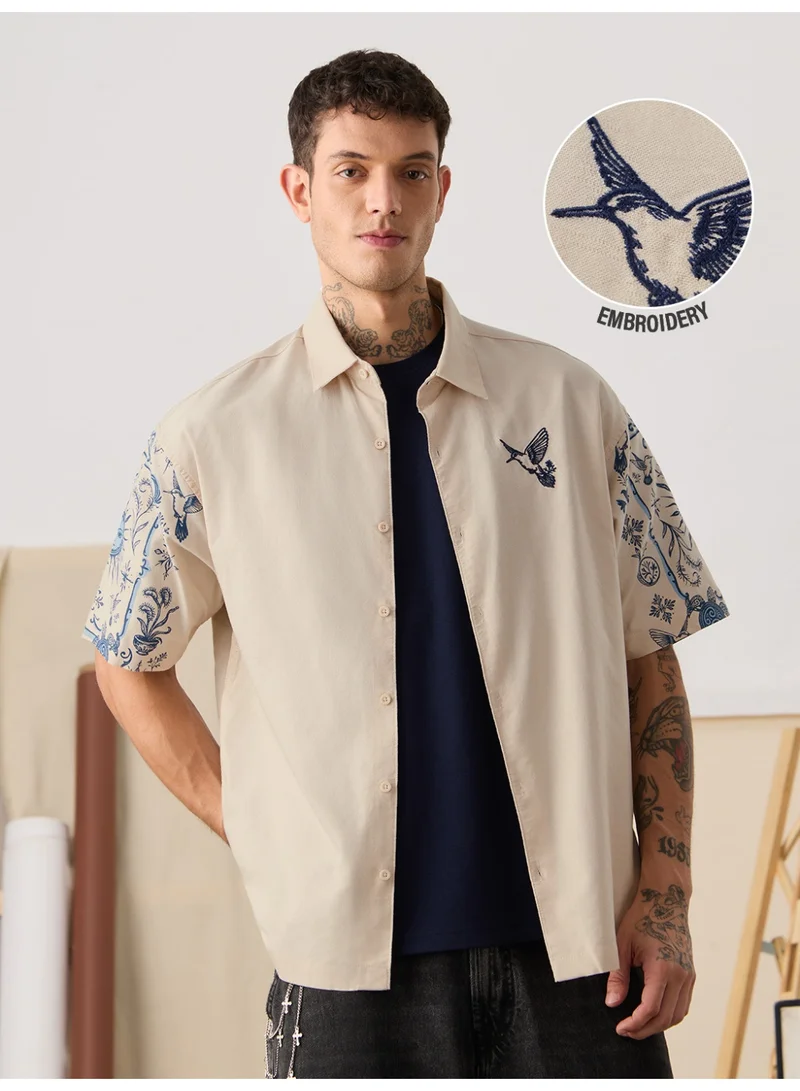 The Souled Store  The Souled Store Men Celestial Chaos Beige Embroidery Oversized Shirts for Men | Best Price UAE