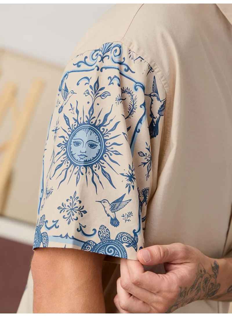 The Souled Store  The Souled Store Men Celestial Chaos Beige Embroidery Oversized Shirts for Men | Best Price UAE