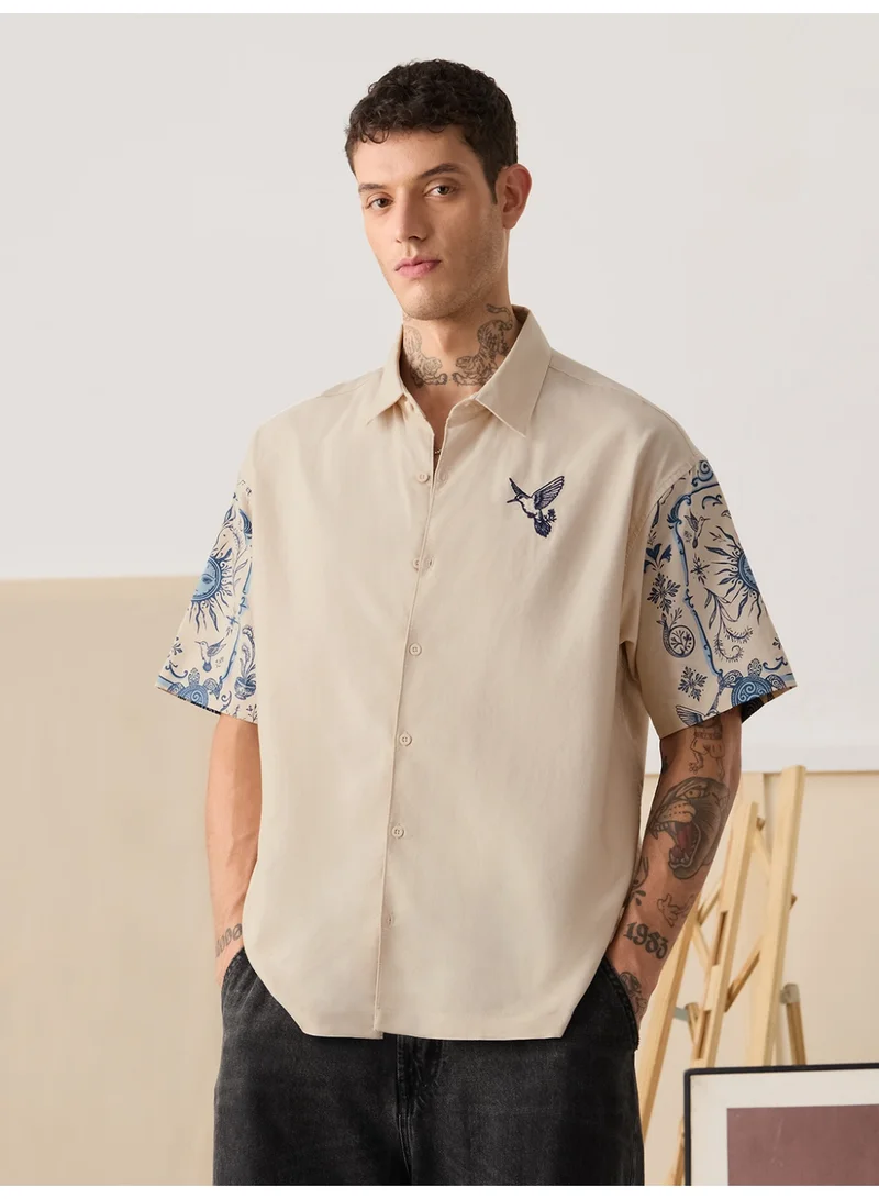 The Souled Store  The Souled Store Men Celestial Chaos Beige Embroidery Oversized Shirts for Men | Best Price UAE