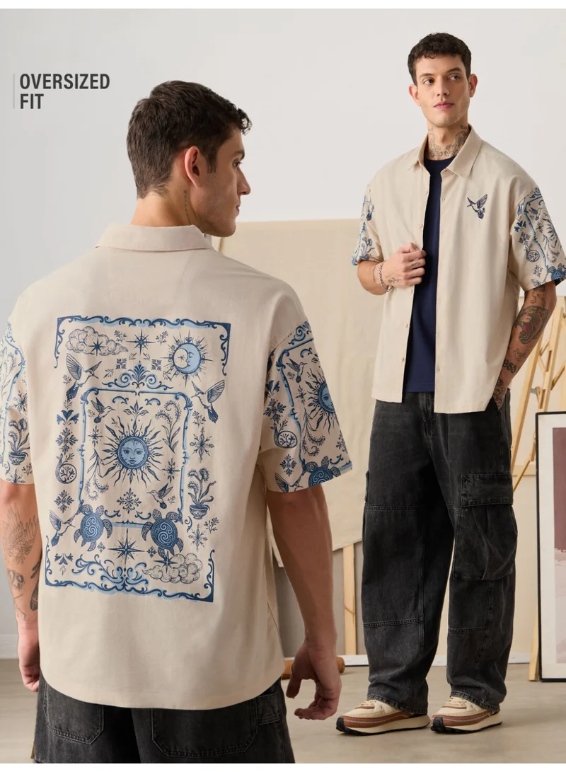 The Souled Store Men Celestial Chaos Beige Embroidery Oversized Shirts
