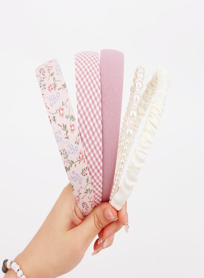 CAVETEE Headbands for Women, 5 Pack Different Designs Fashion Headbands for Women Pearl Headband Padded Headbands Hair Accessories Non-slip Head Bands for Women's Hair (Pink) - Image 1
