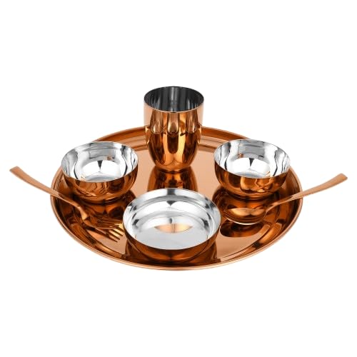 Aarugo Stainless Steel Rose Gold Smart Dinnerware/Dinner Set | 1 Thali, 3 Bowl, 1 Glass, 1 Fork, 1 Spoon | Solid Kitchen Set for Home | Restaurant | Pefect Gifting Set - Image 1