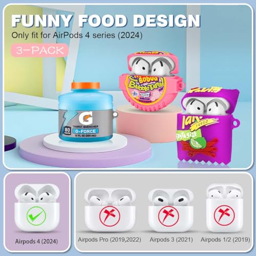 FGERWZ 3Pack Cute Airpods 4 Case - 3D Cartoon Funny Food Design Silicone Cover Compatible for Airpods 4th Generation - Cute Case Accessories with Keychain/Cleaner Pen (Blue+Purple+Pink) - Image 2