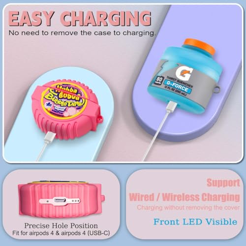 FGERWZ 3Pack Cute Airpods 4 Case - 3D Cartoon Funny Food Design Silicone Cover Compatible for Airpods 4th Generation - Cute Case Accessories with Keychain/Cleaner Pen (Blue+Purple+Pink) - Image 4