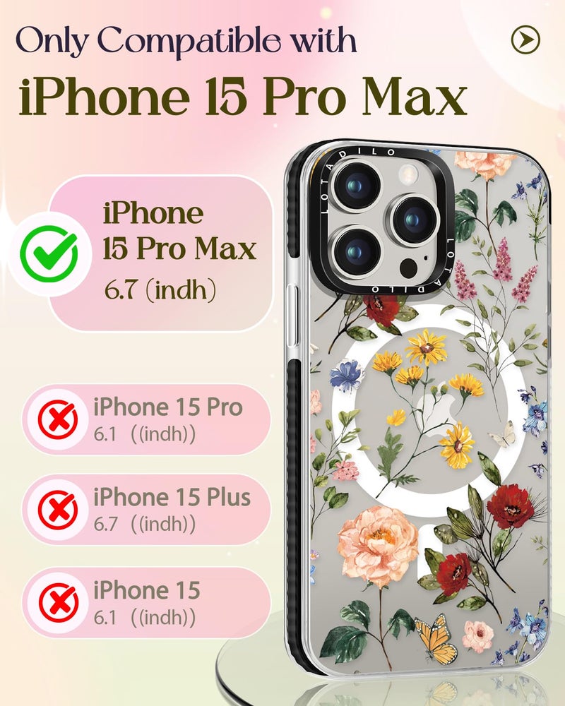 Lotadilo for iPhone 15 Pro Max Case for Women - Cute Kawaii Design Girls Compatible with Magsafe Magnetic Ring Holder Stand Retro Flower Phone Covers Aesthetic Girly TPU Funda for 15 Pro Max - Image 2
