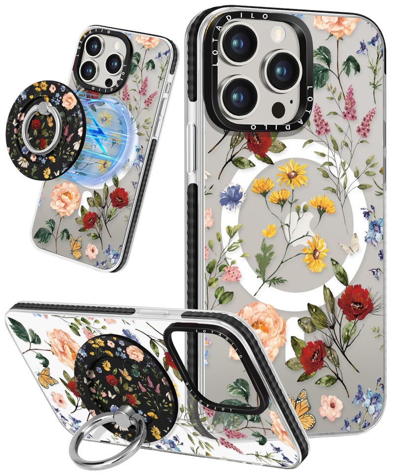 Lotadilo for iPhone 15 Pro Max Case for Women - Cute Kawaii Design Girls Compatible with Magsafe Magnetic Ring Holder Stand Retro Flower Phone Covers Aesthetic Girly TPU Funda for 15 Pro Max - Image 1