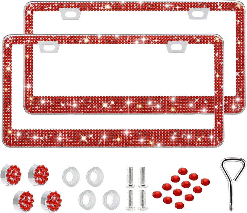 2 Pack Bling License Plate Frame for Women,Sparkly Rhinestone Stainless Steel License Plate Holder,Car Accessories with Glitter Crystal Caps (Red)