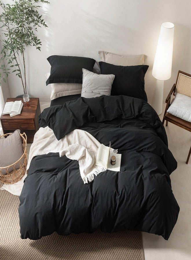 BDEAR Linen Feel Black Duvet Cover Queen Size 90'' L x 90'' W, 100% Washed Cotton Duvet Cover with Zipper Closure Plus 2 Pillowcases, Cozy and Breathable - Image 5