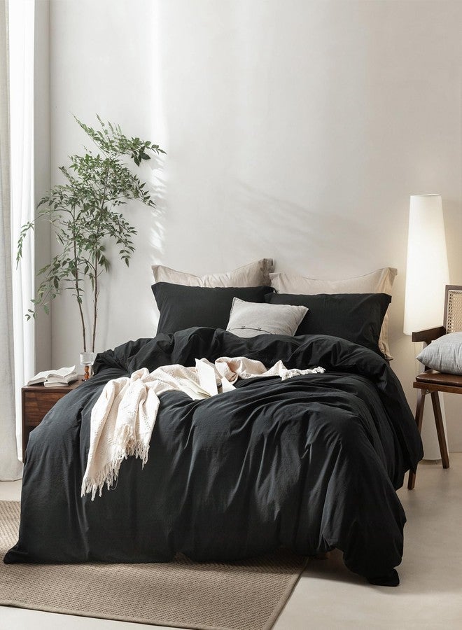 BDEAR Linen Feel Black Duvet Cover Queen Size 90'' L x 90'' W, 100% Washed Cotton Duvet Cover with Zipper Closure Plus 2 Pillowcases, Cozy and Breathable - Image 1