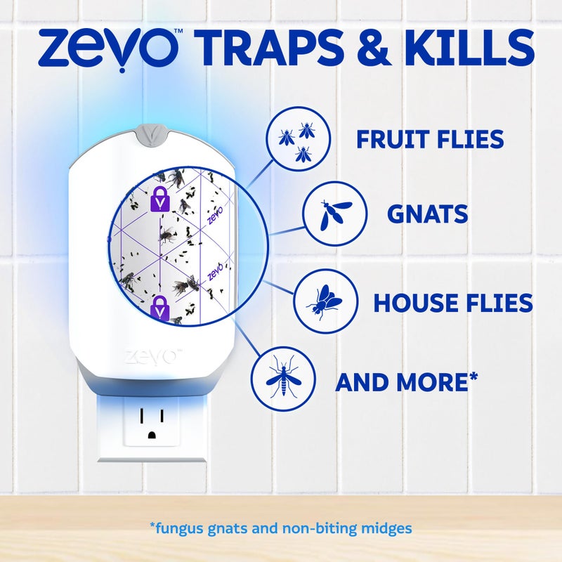 Zevo Flying Insect Trap & 3 Refill Cartridges - Plug in Fly Trap & Indoor Bug Catcher for Gnats, House & Fruit Flies - Blue & UV Light Technology, Mess-Free Alternative to Bug Zapper - Image 4