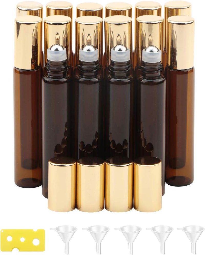 JIUWU Glass Roller Bottles, Amber Essential Oil Perfume Bottle Vials with Metal Stainless Steel Roller Ball, 16 Pack 10 ml Roller Bottles for Essential Oils Cosmetic Perfumes 5 Funnels, 1 Opener