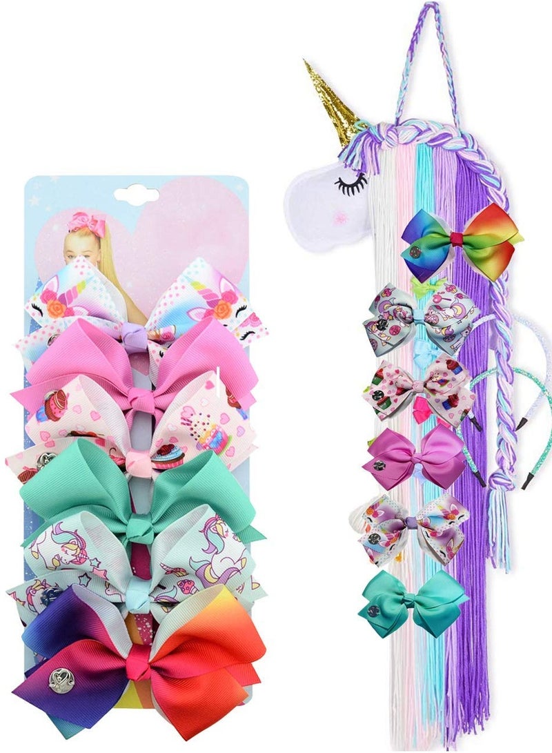 SYOSI 6 Pcs 5in Large Hair Bows and Unicorn Hair Bow Holder Organizer for Girls, Hair Clips Headband Organizer Storage Unicorn Wall Hanging Home Decor - Image 1