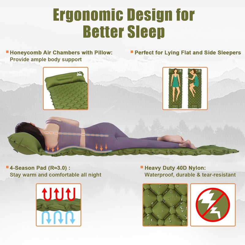 Linist Nylon Sleeping Pad - 4 Inch Ultralight Inflatable Sleeping Mat With Built-In Foot Pump And Pillow, Lightweight Compact Camping Air Mattress - Green - Image 4