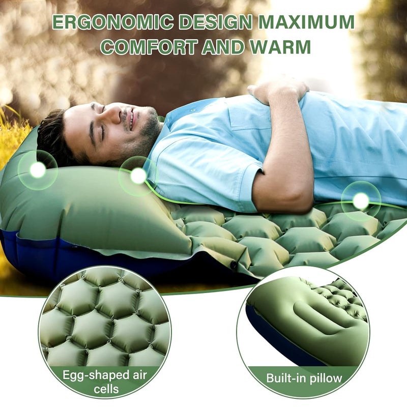 Linist Nylon Sleeping Pad - 4 Inch Ultralight Inflatable Sleeping Mat With Built-In Foot Pump And Pillow, Lightweight Compact Camping Air Mattress - Green - Image 2