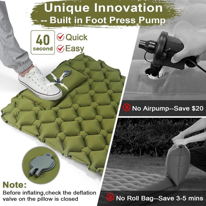 Linist Nylon Sleeping Pad - 4 Inch Ultralight Inflatable Sleeping Mat With Built-In Foot Pump And Pillow, Lightweight Compact Camping Air Mattress - Green - Image 5