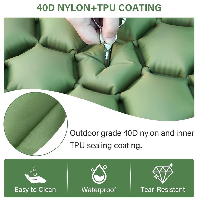 Linist Nylon Sleeping Pad - 4 Inch Ultralight Inflatable Sleeping Mat With Built-In Foot Pump And Pillow, Lightweight Compact Camping Air Mattress - Green - Image 3