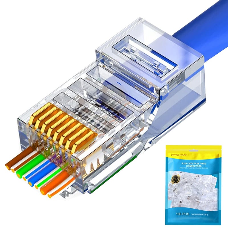 PETECHTOOL RJ45 Cat6 Cat5 Connectors Ends Gold Plated 8P8C Ethernet Pass Through Plug (100Pack) - Image 1