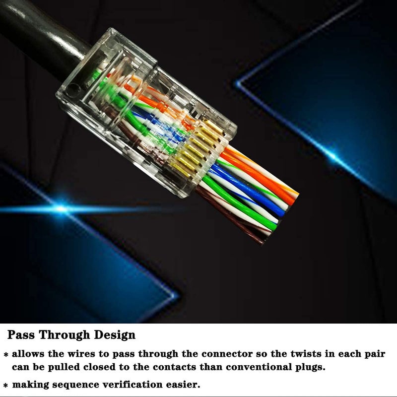 PETECHTOOL RJ45 Cat6 Cat5 Connectors Ends Gold Plated 8P8C Ethernet Pass Through Plug (100Pack) - Image 5