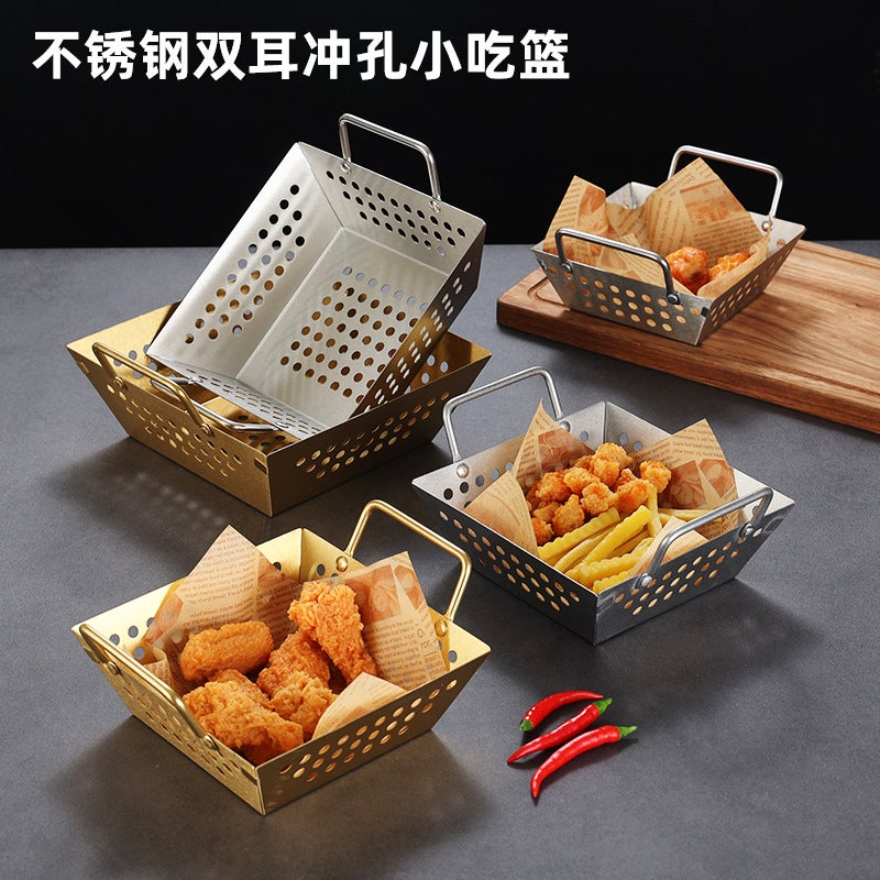 Stainless Steel Square Mesh Basket Lace Square Basket Large Frying Basket Bold Draining Basket Fruit Basket Fried Sticks Filtered Vegetable Washing Basket - Image 2