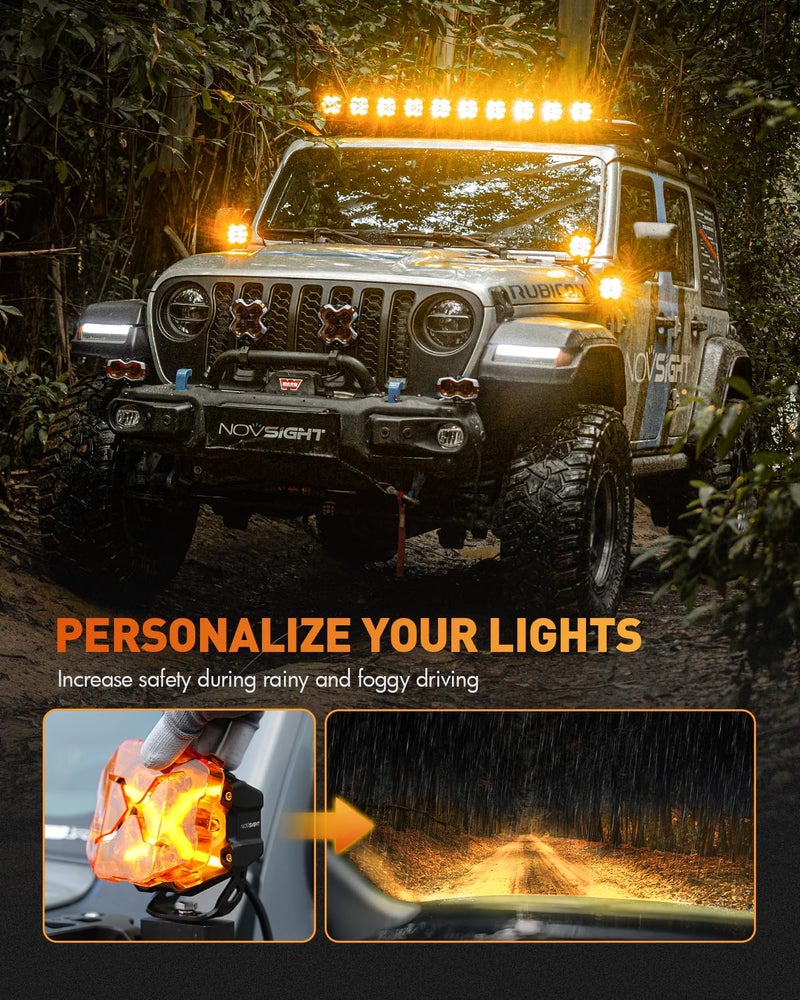 NOVSIGHT 4 Inch LED Pods - X Series Off Road Driving Light with Yellow DRL, Super Bright Pod Lights Drive Beam with Amber Cover, Off-road Fog Lights for Trucks Jeep Ford UTV ATV, 2-Year Warranty, Pair - Image 3