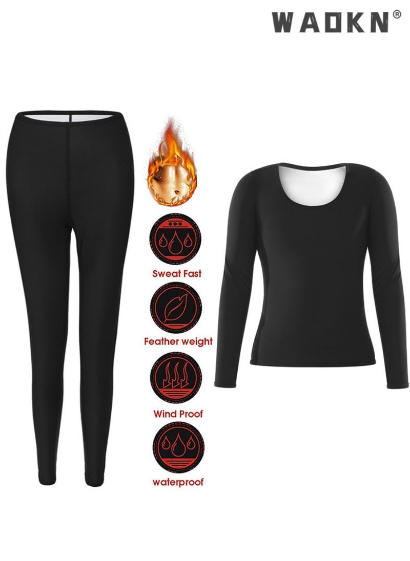WAOKN 2-Piece Sauna Suit Women Weight Loss Gym Sweat Suits Workout Sleeve Shirt Lock Sweating Profusely Pants Workout Fitness Compression Sweat Suits, for Running,Fitness,Cycling,Hiking,Dancing,Camping  - Image 1