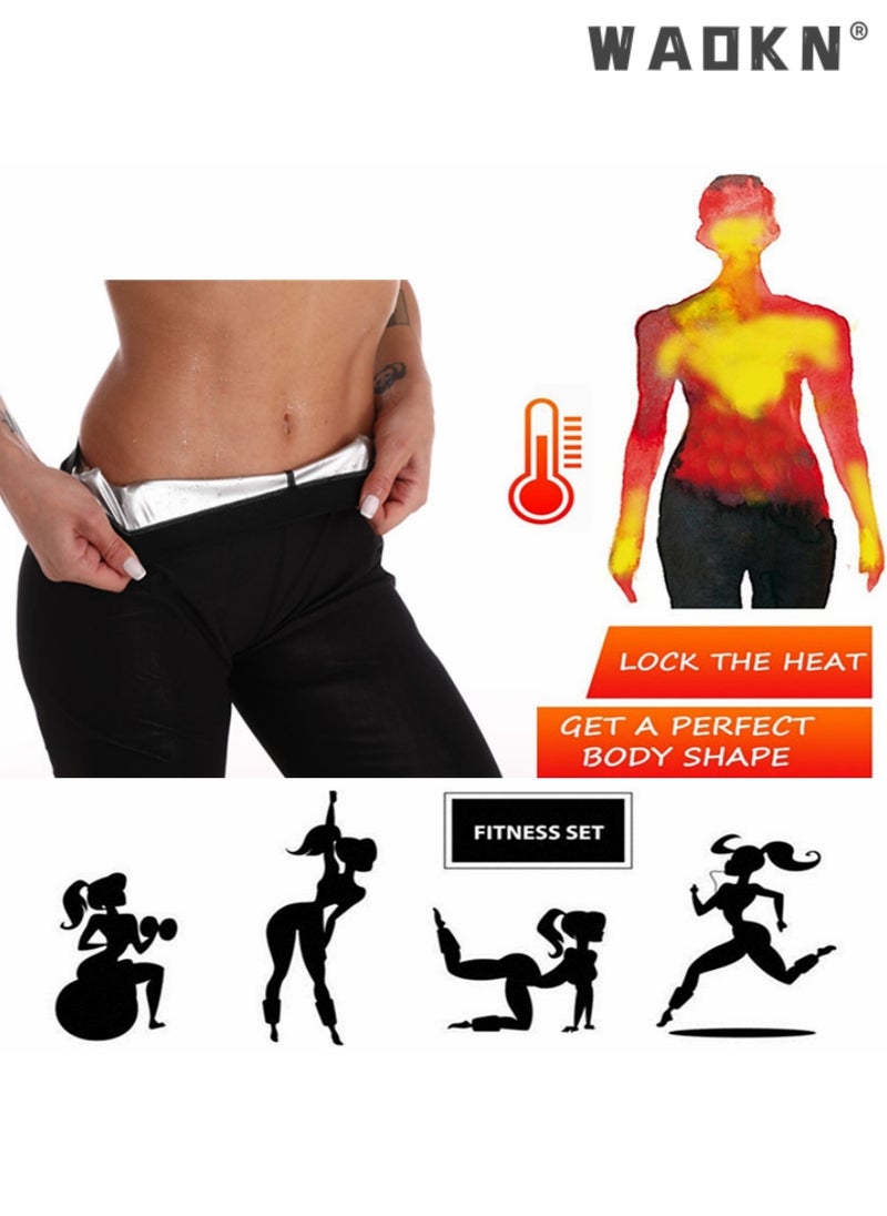 WAOKN 2-Piece Sauna Suit Women Weight Loss Gym Sweat Suits Workout Sleeve Shirt Lock Sweating Profusely Pants Workout Fitness Compression Sweat Suits, for Running,Fitness,Cycling,Hiking,Dancing,Camping  - Image 5