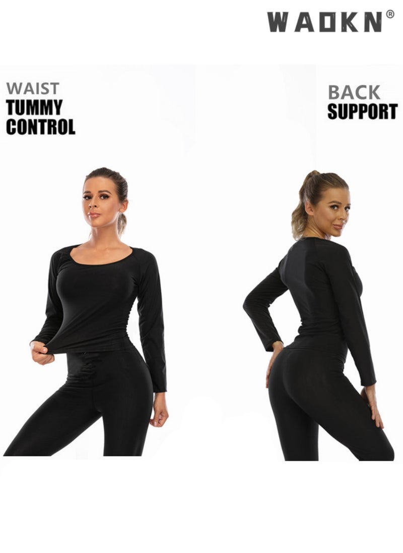 WAOKN 2-Piece Sauna Suit Women Weight Loss Gym Sweat Suits Workout Sleeve Shirt Lock Sweating Profusely Pants Workout Fitness Compression Sweat Suits, for Running,Fitness,Cycling,Hiking,Dancing,Camping  - Image 4