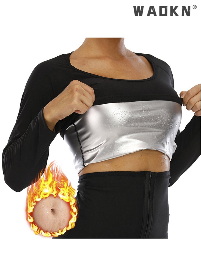 WAOKN 2-Piece Sauna Suit Women Weight Loss Gym Sweat Suits Workout Sleeve Shirt Lock Sweating Profusely Pants Workout Fitness Compression Sweat Suits, for Running,Fitness,Cycling,Hiking,Dancing,Camping  - Image 3