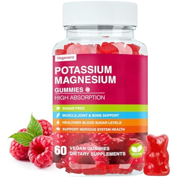 Vegavero Potassium Magnesium Gummies - Magnesium Glycinate B6,D3 & Potassium Citrate for Leg Cramps,Muscle,Electroyte for Adults Kids,Sugar-Free - 60 Raspberry Gummies - Image 1
