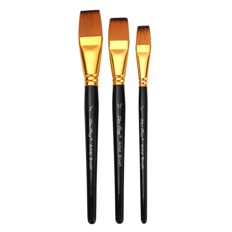 Flat Paintbrush Set 3PCS Short Ergonomic Wooden Handle Premium Non-Shedding Nylon Bristles - Multifunctional Paint Brushes for Beginner Artists, Students Home Art Creation - Image 1