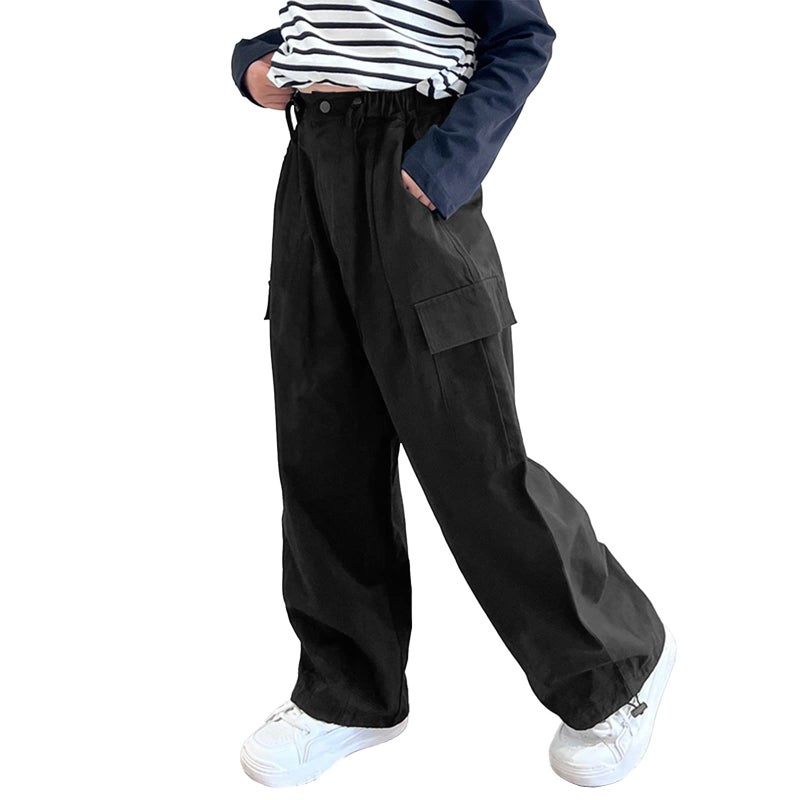 Rolanko Big Girls Cargo Pants Wide Leg Streetwear Kids Pants with Pockets Trendy Jogger Trousers Black 1214