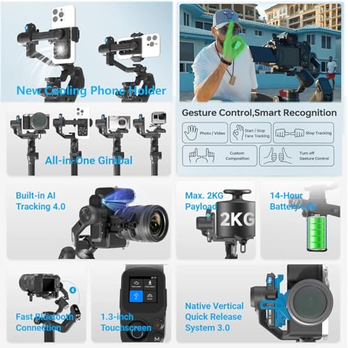 FeiyuTech SCORP Mini 3 Kit All-in-One Gimbal Stabilizer – Upgraded AI Tracking 4.0, 3-Axis Gimbal for Canon/Sony Vlogging Cameras, iPhone, Action Cams, 4.4 lb Payload, 1.3" Touchscreen - Image 2