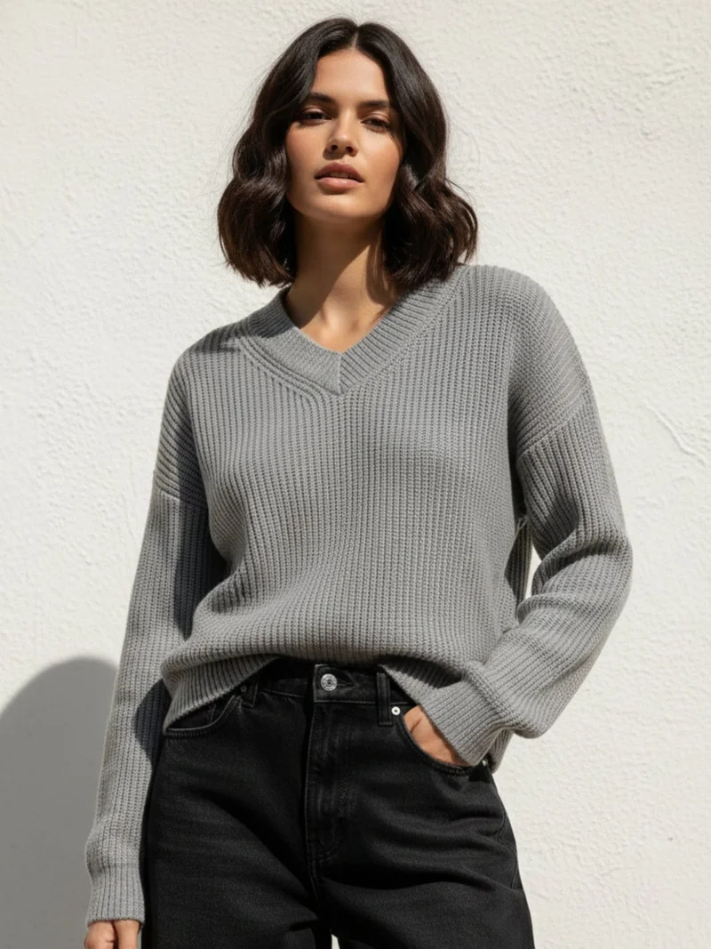 OUTZIDR Grey Full Sleeve V Neck Sweater