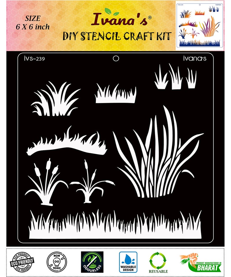 IVANA'S Grass Design Reusable Stencil for Art & Craft, DIY Decorative Stencil for Painting on Canvas, Fabric, Cloth, Paper, Glass, Furniture and Wall, Size - 6 x 6 inch, Pack of 1, IVS-239, Off White - Image 1