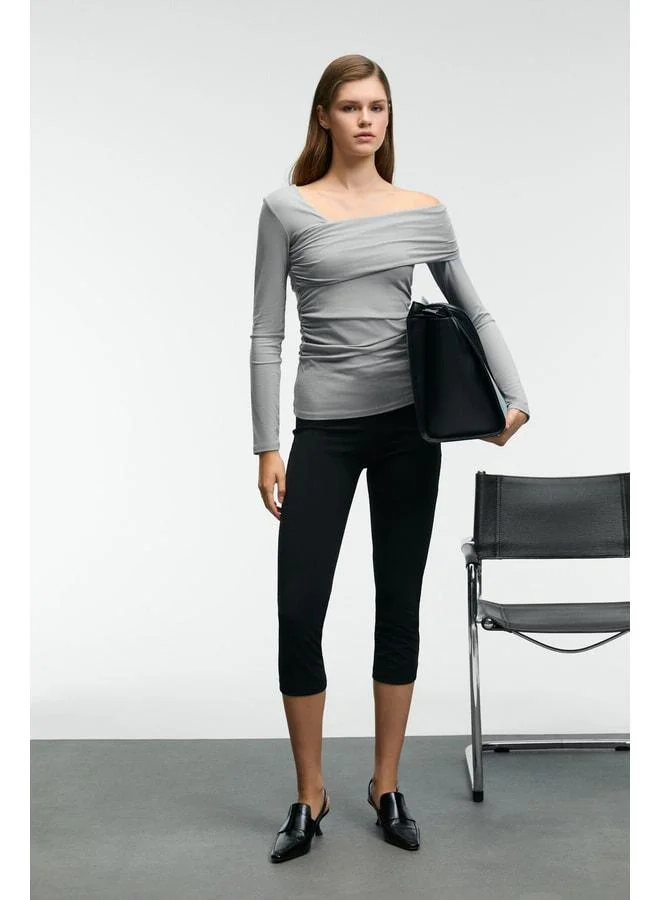 Grimelange VELMEA Women's Asymmetric Collar Shoulder-Detail Slim Fit Light Gray Blouse.