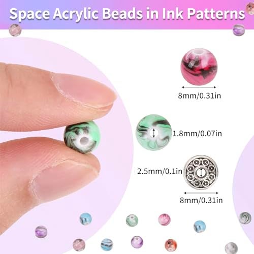 Quefe 500pcs Craft Beads for Jewelry Making, for Bracelets Making,Space Acrylic Beads in Ink Patterns with 50pcs Spacer Beads and Crystal String (8mm) - Image 2