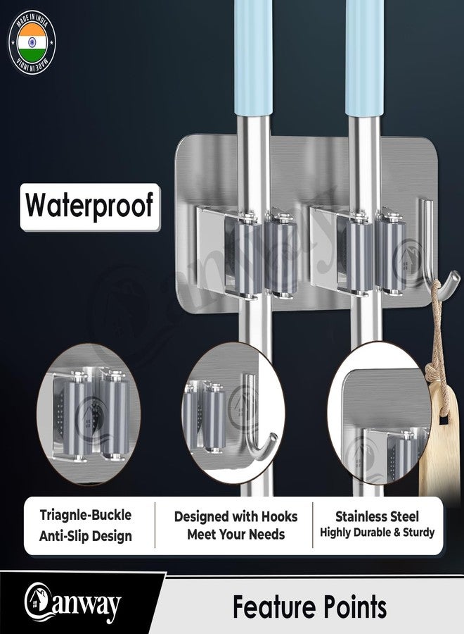 CANWAY® 2 Pieces Stainless Steel 2 Racks with 1 Hook Heavy Duty Wall Mounted Broom and Mop Stick Holder, Hanging Tools for Home Kitchen Garden Laundry Garage - Image 3