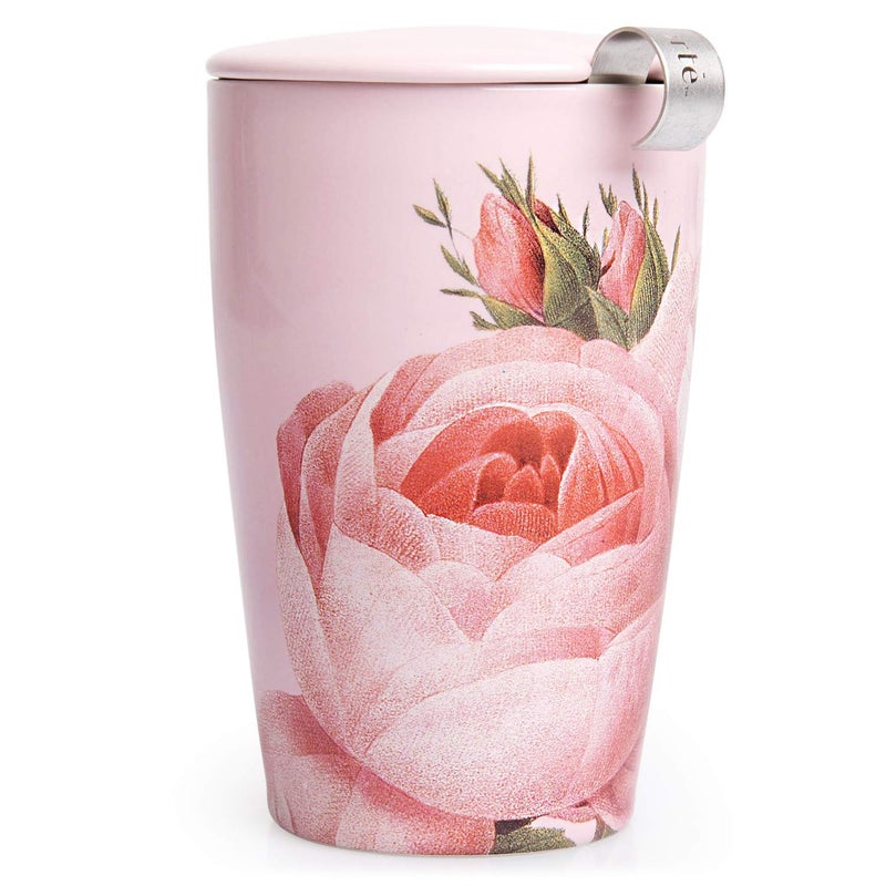 Tea Forte Double-Walled Ceramic Kati Cup, Removable Stainless Steel Infuser Basket and Lid, Steeps 12 oz Loose Leaf Tea, Dishwasher & Microwave Safe, Jardin - Image 1