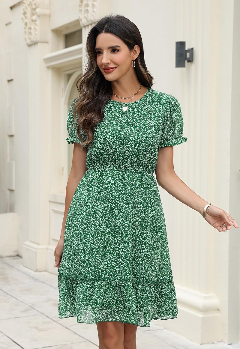 Manydress Women's Summer Chiffon Boho Ruffle Floral Print Casual Swing Skater Puff Sleeve Dress MY337 (Green Print, L) - Image 4