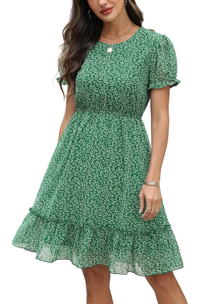 Manydress Women's Summer Chiffon Boho Ruffle Floral Print Casual Swing Skater Puff Sleeve Dress MY337 (Green Print, L) - Image 1