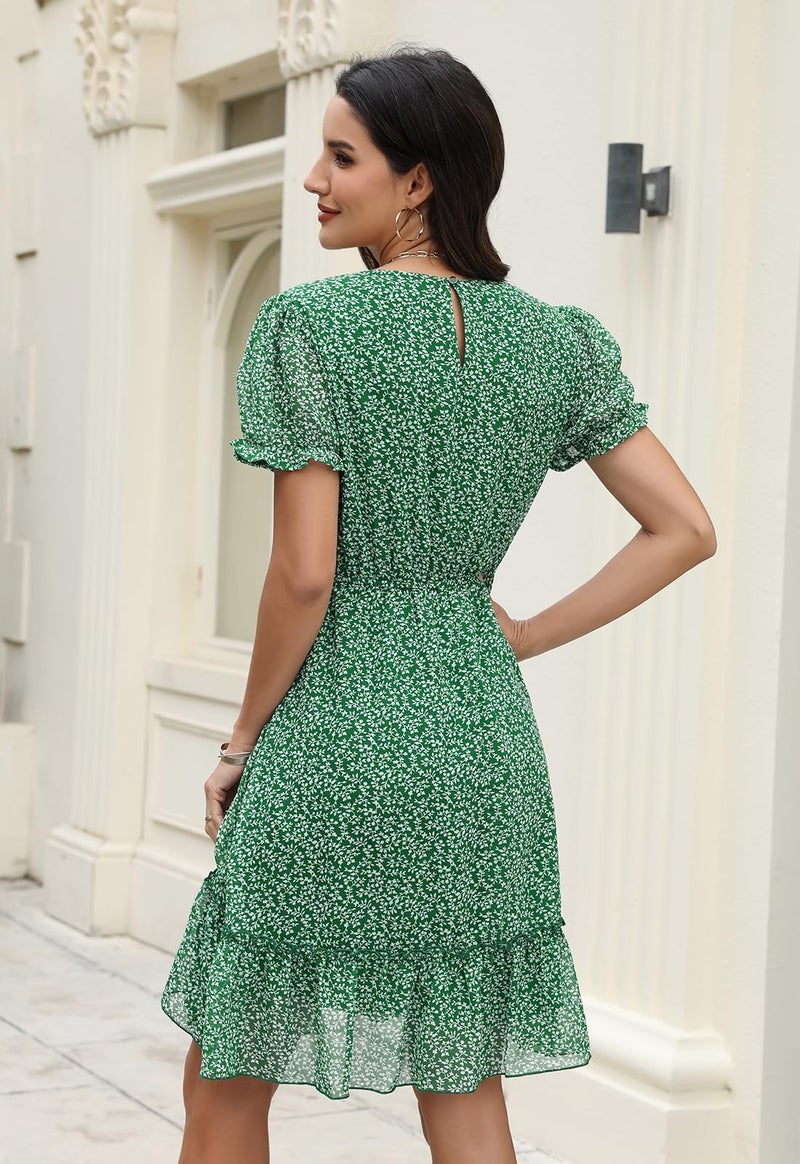 Manydress Women's Summer Chiffon Boho Ruffle Floral Print Casual Swing Skater Puff Sleeve Dress MY337 (Green Print, L) - Image 2